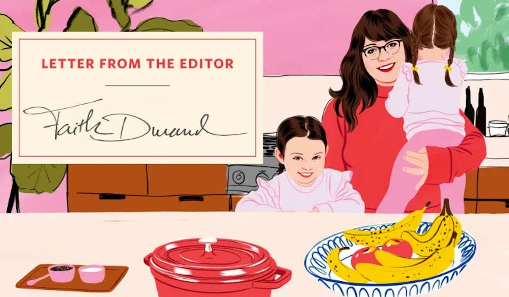 If you sign up for Faith free newsletters at thekitchen.com, you’ll see this illustration of her and her daughters. Faith credits illustrator Bijou Karman for the drawing.