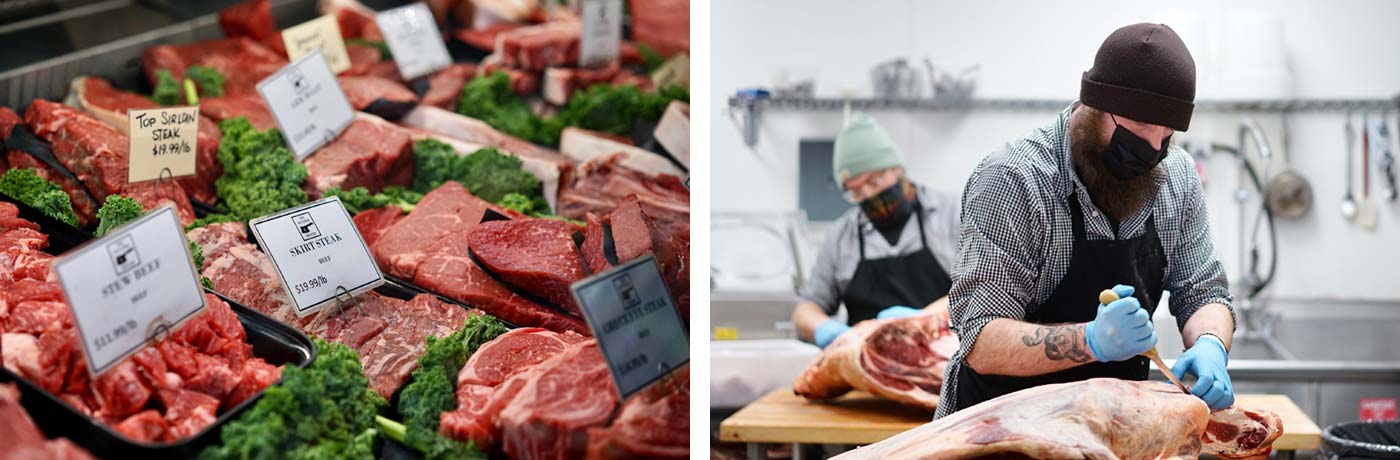 Left: Everything in the meat case comes from Ohio farmers. Right: Butchers work on site at the Grandview store. 