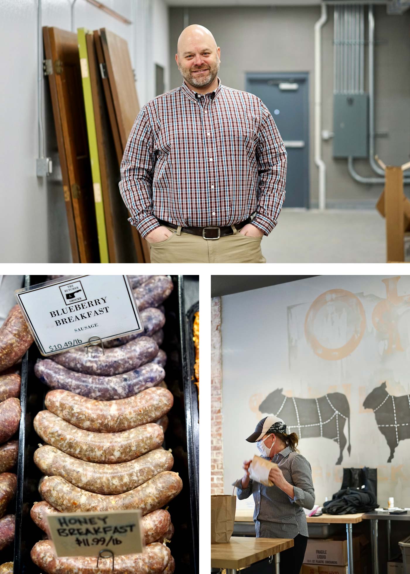 Top: Tony Tanner at his new wholesale facility, TB&G Meats. Bottom Left: Customers face a wide variety of sausage choices. Bottom Right: The small shop allows few staff and customers at a time during the pandemic.