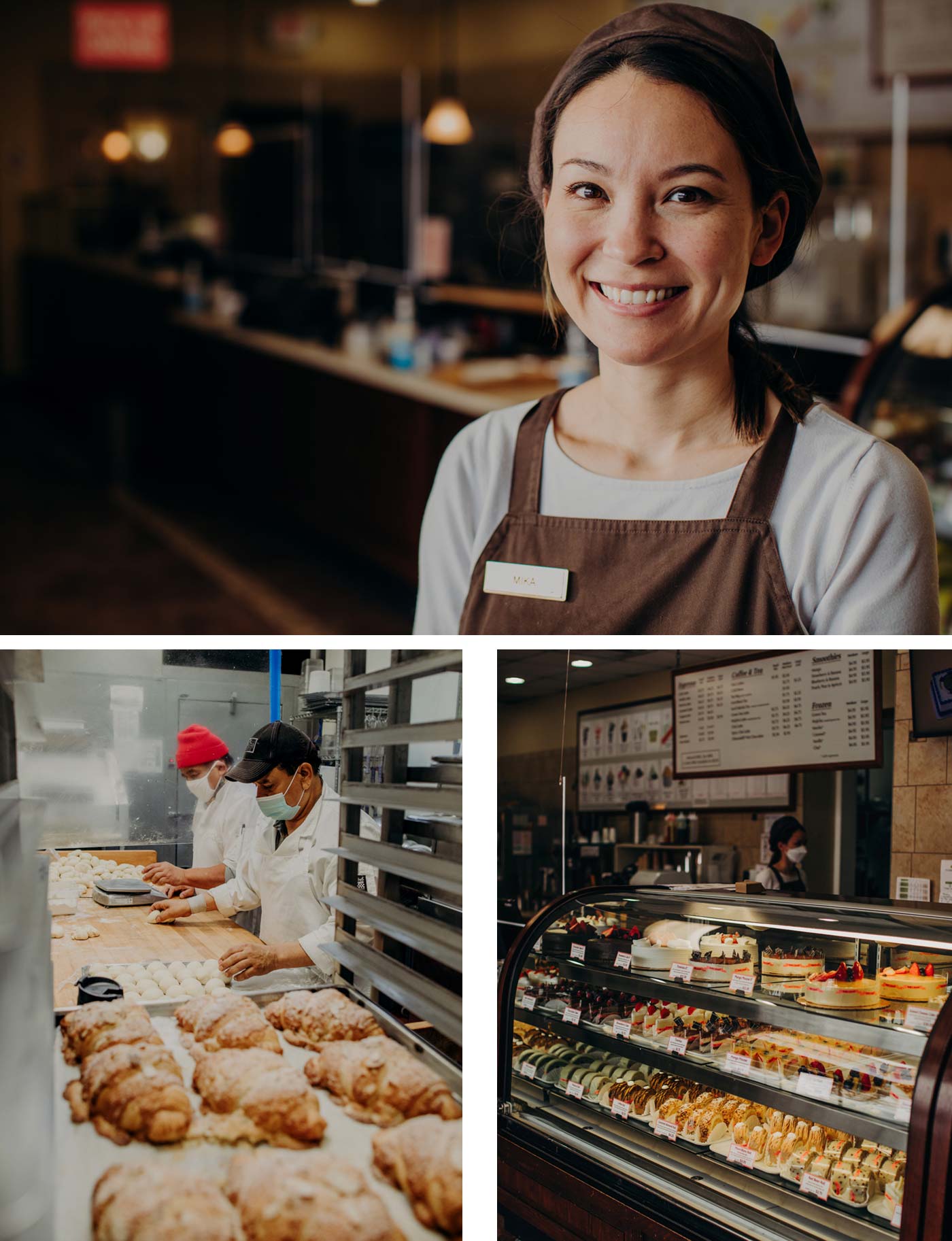 Top: Mika Lecklider. Bottom Left: The shop has 20 bakers working to keep customers supplied. Bottom Right: Cakes and pastries fill the cold case.