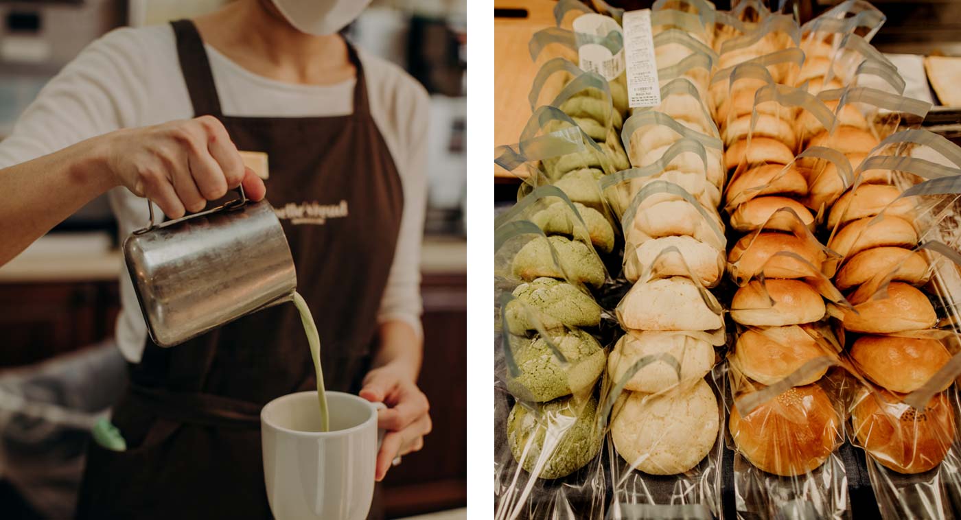 Left: All the pastries are individually bagged for carryout. Right: The bakery also has a variety of hot and cold drinks.