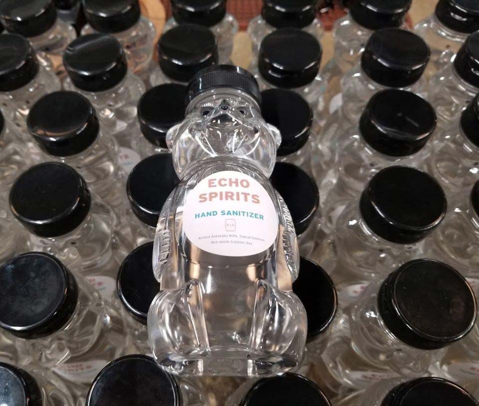 The search for hand sanitizer packaging resulted in some novelty bottles. Photo courtesy of Echo Spirits.