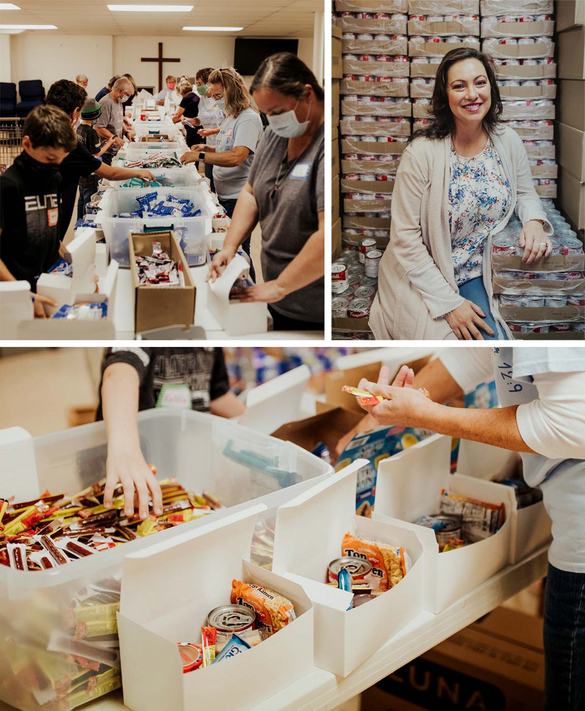 Left top: Volunteers gather weekly to fill food boxes at the West Jefferson United Methodist Church. Right top: Tracy Kronk, founder of Sufficient Grace; Bottom: Boxes contain non-perishable food items for food-insecure students.