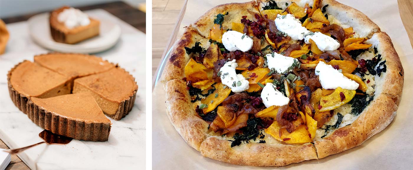 Left: Squash Pie; Right: The seasonal menu includes a Butternut Squash Pizza with almond ricotta.