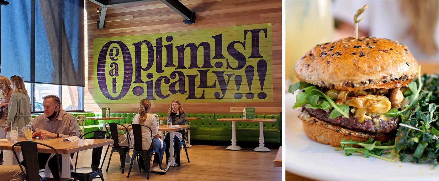 Left: The spacious dining area allows for keeping tables at a safe distance. Right: Grass-fed Burger