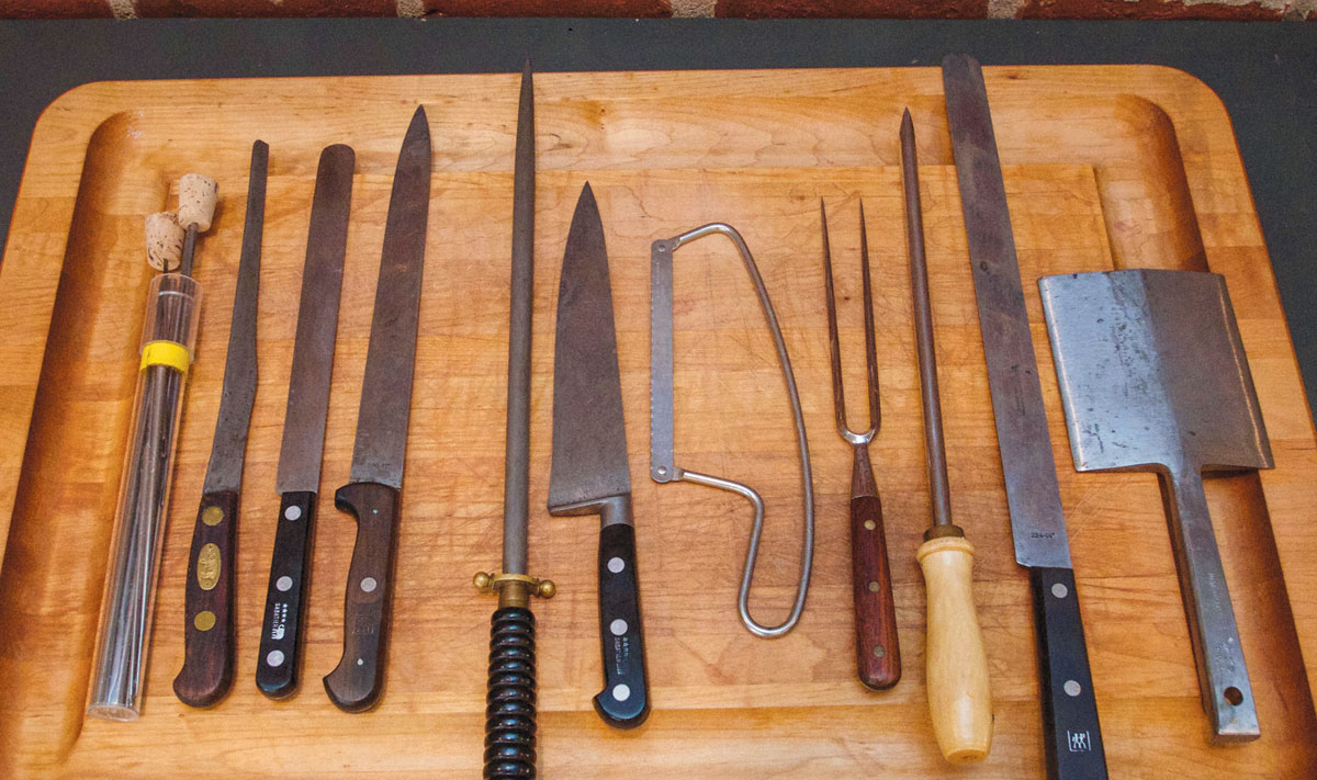 Bill Maratta’s knife collection and wooden cutting board