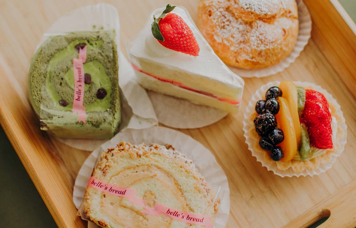 Matcha roll, strawberry cake and custard-filled fruit tarts are among the menu items.