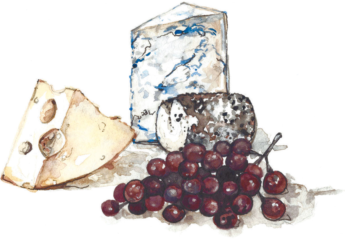 illustration of cheese and grapes