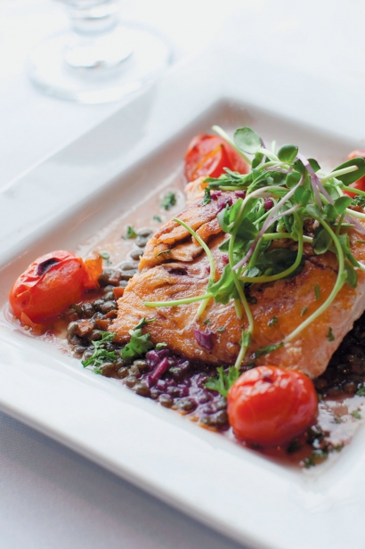Seared Salmon on French Lentils with Cabernet Shallot Butter and Blistered Tomatoes at Shaw’s.