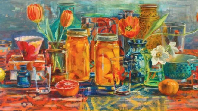 Peaches and Tulips painting